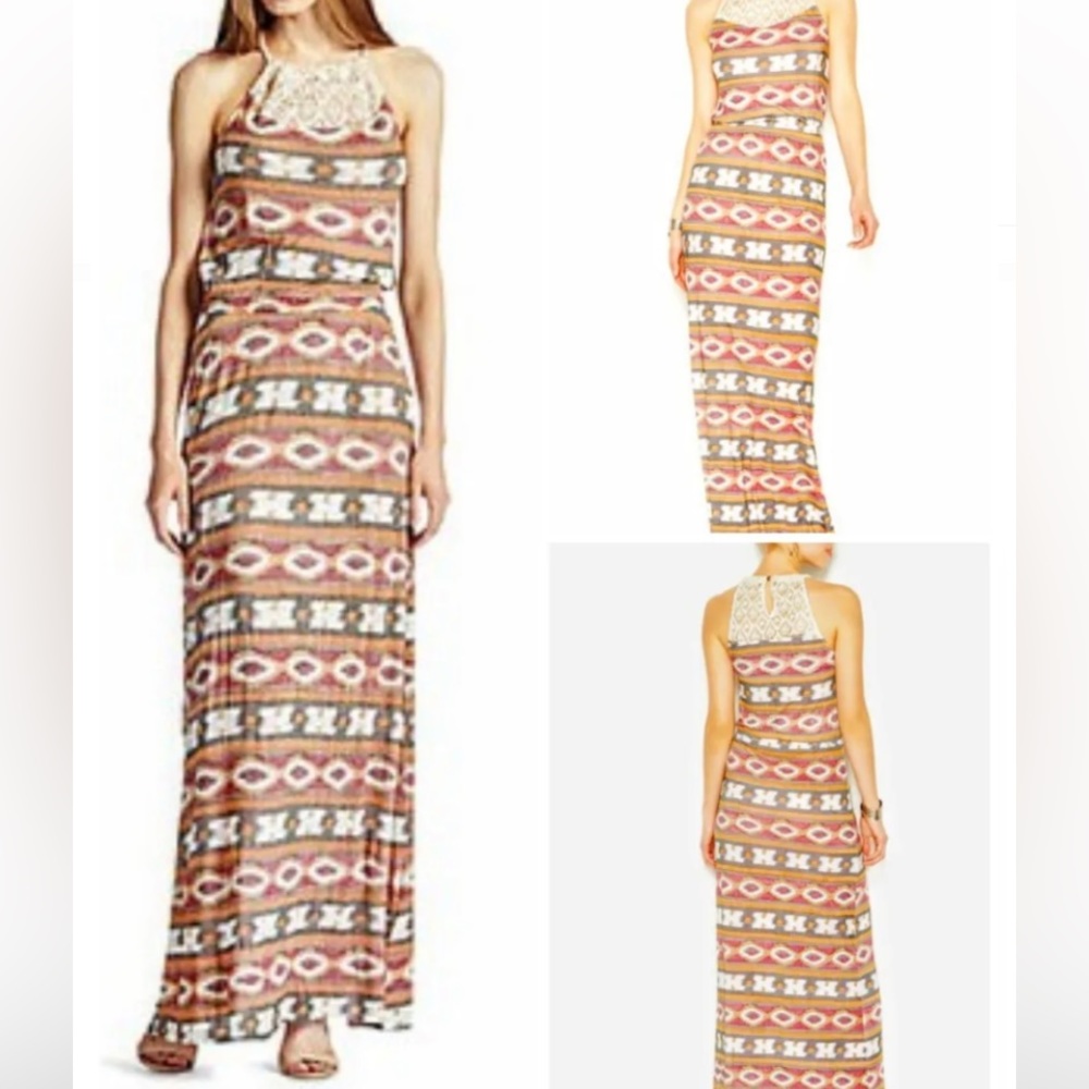 Lucky Brand Maxi Dress Tribal Ikat Print Halter Crochet/Lace